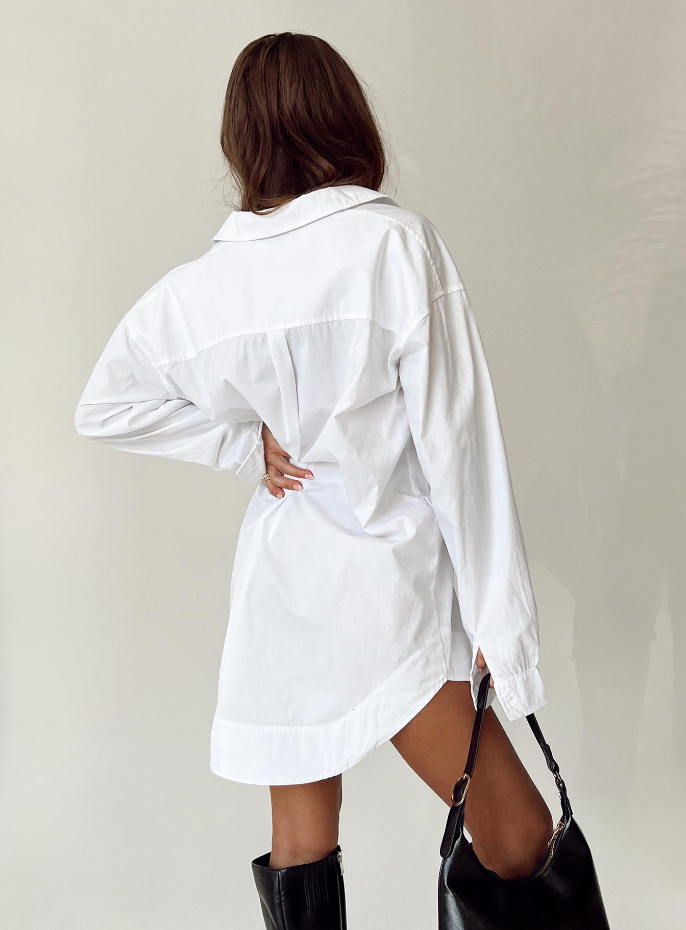 back view of model wearing Princess Polly Koumi Mini Shirt Dress White V-Neck 