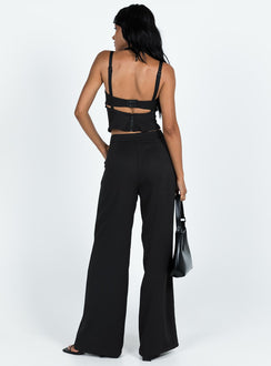 Matching set Crop top Adjustable shoulder straps Sweetheart neckline Zip fastening at back Tailored pants Zip and clasp fastening Twin hip pockets Stuble pleats at waist Straight leg
