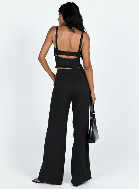 Matching set Crop top Adjustable shoulder straps Sweetheart neckline Zip fastening at back Tailored pants Zip and clasp fastening Twin hip pockets Stuble pleats at waist Straight leg