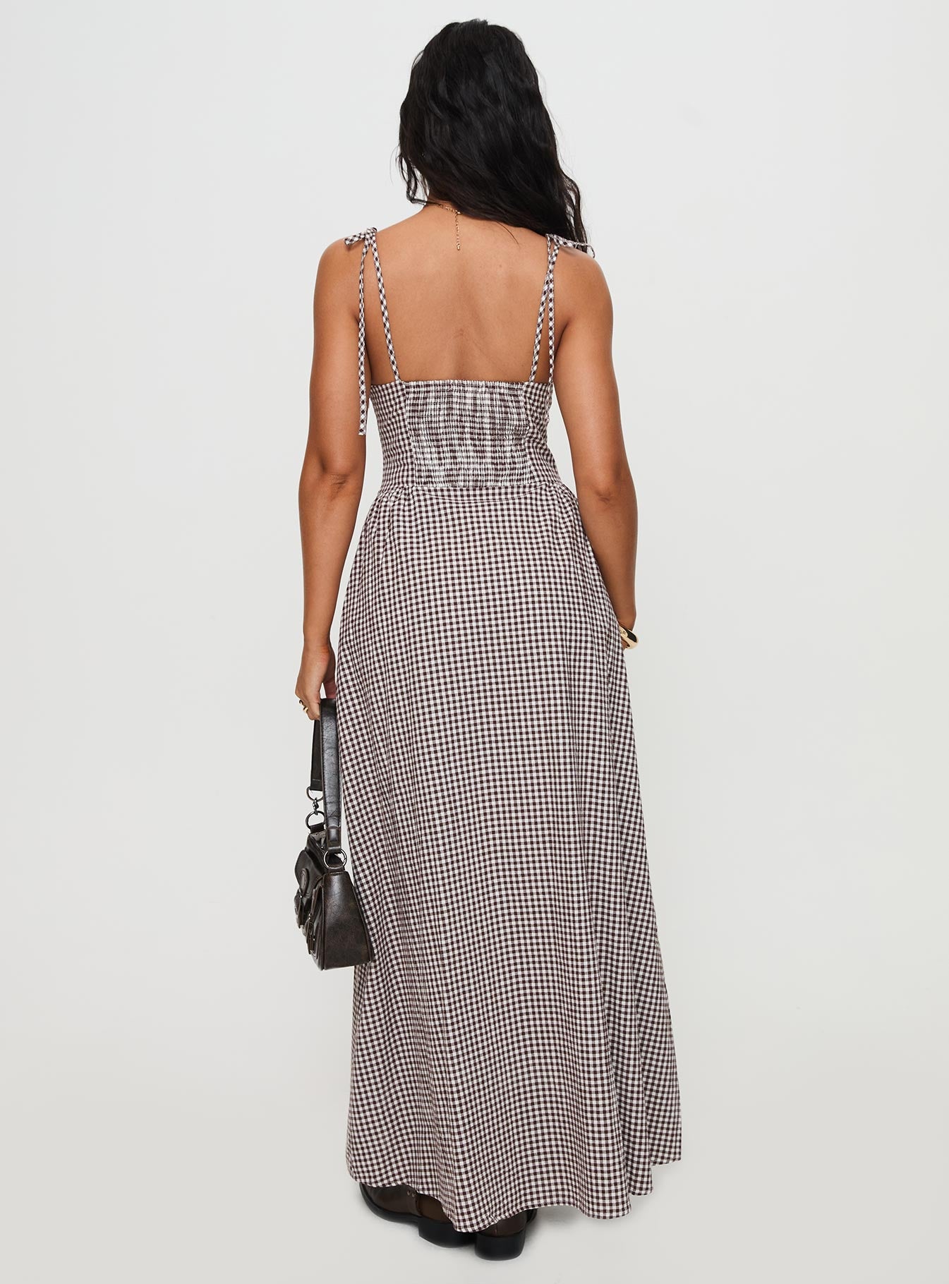 back view of model wearing Princess Polly Dalanie Tie Strap Maxi Dress Brown Gingham Scoop Neck 