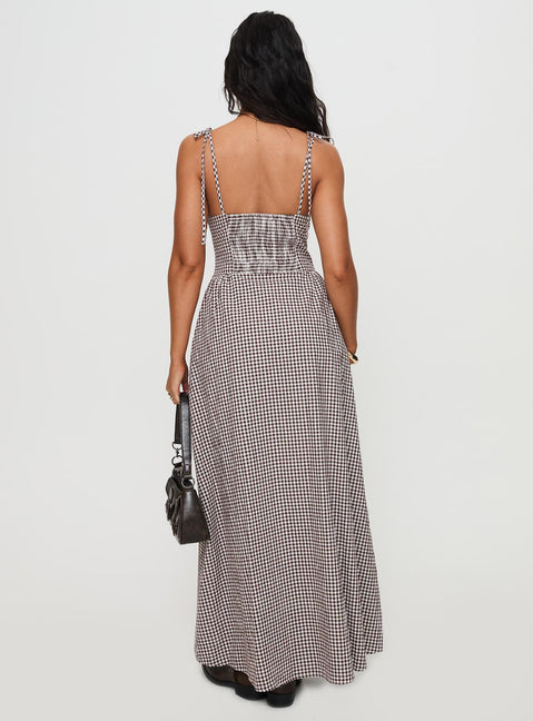 back view of model wearing Princess Polly Dalanie Tie Strap Maxi Dress Brown Gingham Scoop Neck 