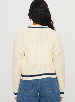 back view of model wearing Princess Polly Tavian Knit Cardigan Navy / Cream 