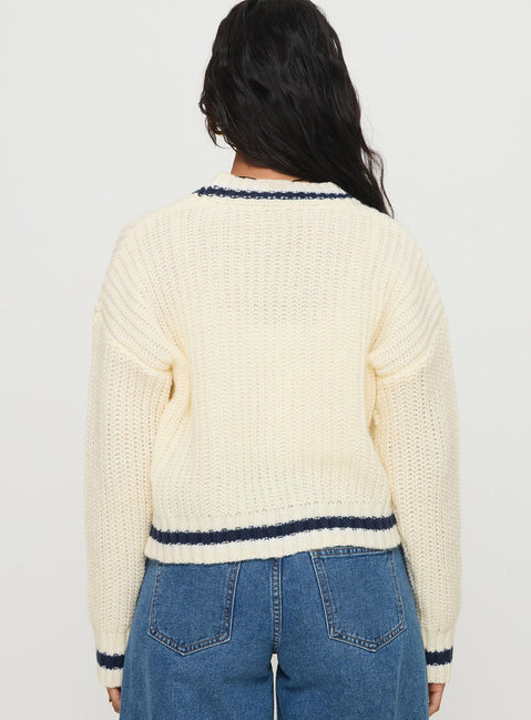 back view of model wearing Princess Polly Tavian Knit Cardigan Navy / Cream 