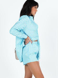 Matching set Striped print Classic collar Button front fastening Single-button cuff High waisted shorts  Drawstring waistband