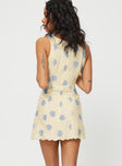 Front view of model wearing  front Princess Polly High Neck  Alhena Mini Dress Yellow / Blue Floral