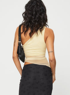 back view of model wearing Princess Polly Gilda Asymmetric Top Cream Sleeveless Asymmetric Neckline 