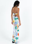 Front view of model wearing  front Princess Polly Asymmetric Neckline  Luncheon Maxi Dress Blue Multi