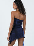 back view of model wearing Princess Polly Donelli Mini Dress Navy Lower Impact Straight Neck 