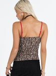 Top Leopard print Adjustable shoulder straps V neckline Good stretch Lined bust