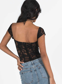 back view of model wearing Princess Polly Cadrot Lace Bodysuit Black Short Sleeve 