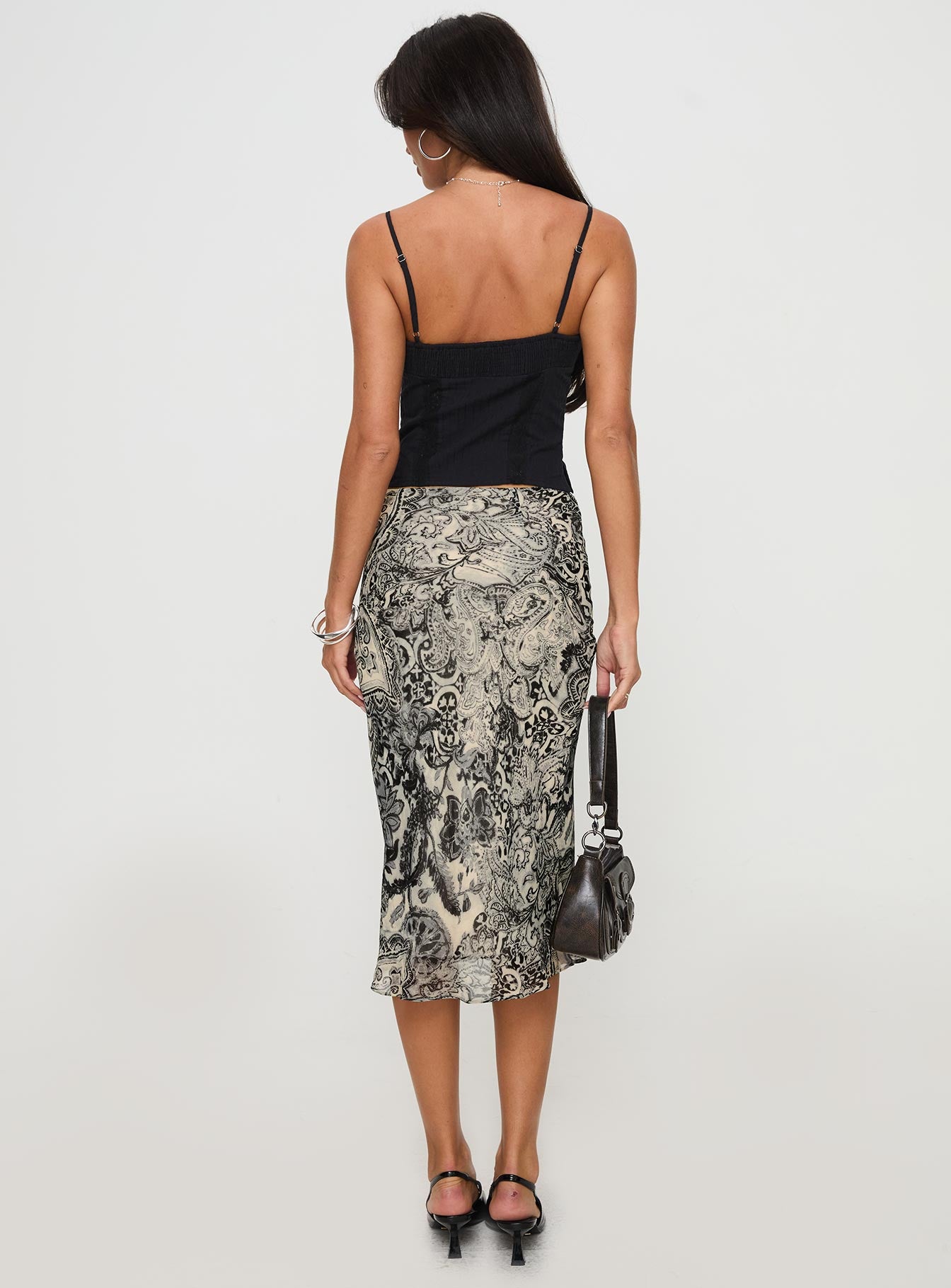 back view of model wearing Princess Polly Aubriegh Paisley Midi Skirt Multi Midi Skirts 