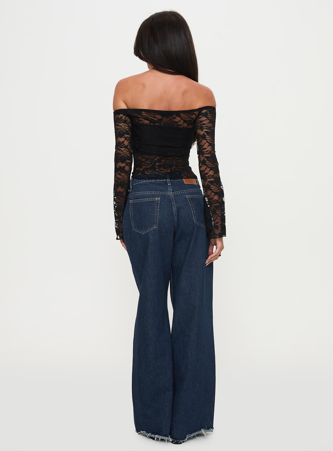 back view of model wearing Princess Polly Good Judgement Off Shoulder Lace Long Sleeve Top Black Full Sleeves straight 