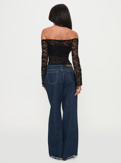 back view of model wearing Princess Polly Good Judgement Off Shoulder Lace Long Sleeve Top Black Full Sleeves straight 