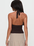 back view of model wearing Princess Polly No Hard Feelings Twist Top Brown Sleeveless Plunger 