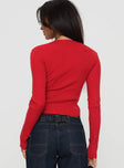 back view of model wearing Princess Polly Suzu Long Sleeve Top Red Full Sleeves High Neck 