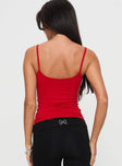 back view of model wearing Princess Polly 89 Trackstar Top Red Sleeveless Scoop Neck 