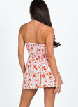 Strapless romper Floral print Inner silicone strip at bust Shirred back band Invisible zip fastening at back