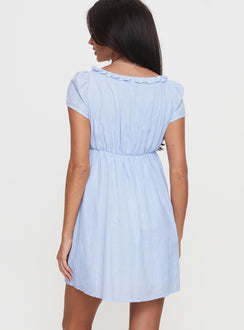 back view of model wearing Princess Polly Monsterrat Mini Dress Blue Scoop Neck 