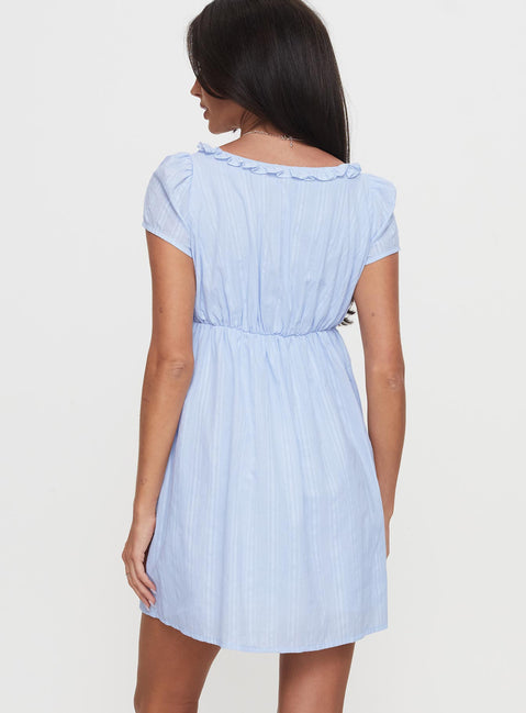 back view of model wearing Princess Polly Monsterrat Mini Dress Blue Scoop Neck 