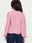 back view of model wearing Princess Polly Cindylou Long Sleeve Top Pink Stripe Full Sleeves Plunger 