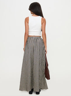 back view of model wearing Princess Polly Cartmel Check Maxi Skirt Black / Cream Maxi 
