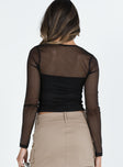 back view of model wearing Princess Polly Corria Mesh Long Sleeve Top Black Full Sleeves Square Neck 