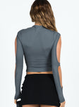 back view of model wearing Princess Polly Boni Long Sleeve Top Slate Full Sleeves High Neck 