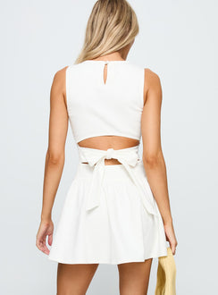 back view of model wearing Princess Polly Faela Tie Back Mini Dress White Crew Neck 