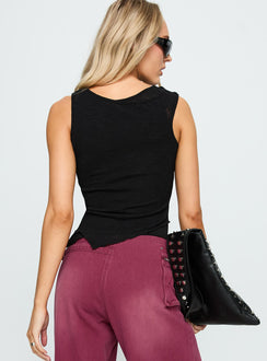 back view of model wearing Princess Polly Lefort Tank Top Black Sleeveless Boat Neck 