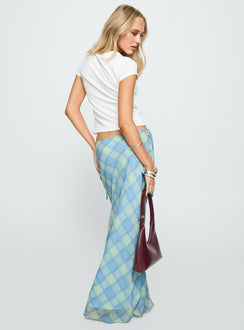 back view of model wearing Princess Polly Seafarer Tie Side Maxi Skirt Blue Check Maxi 