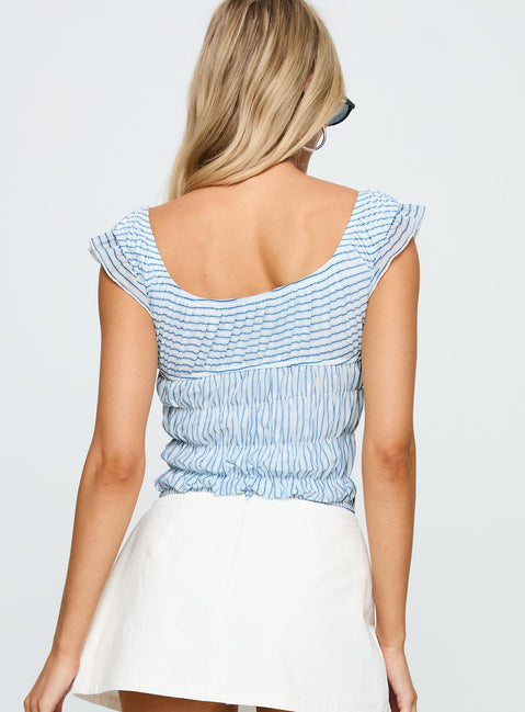 back view of model wearing Princess Polly Ahead Of Myself Off Shoulder Bodysuit Blue Stripe Short Sleeves 