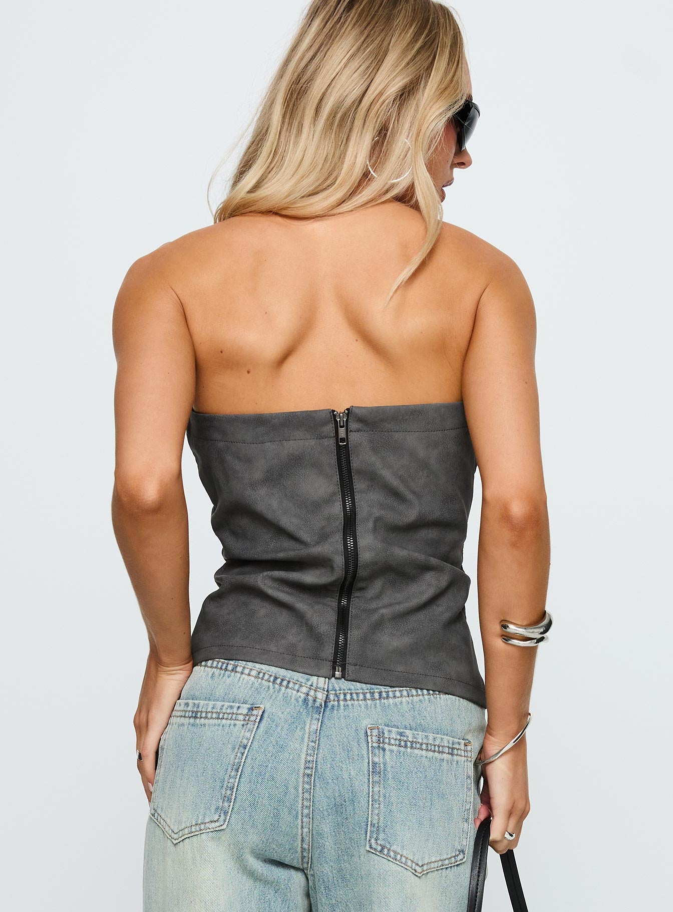 back view of model wearing Princess Polly Soft Spoken Strapless Tie Up Top Black Sleeveless straight 