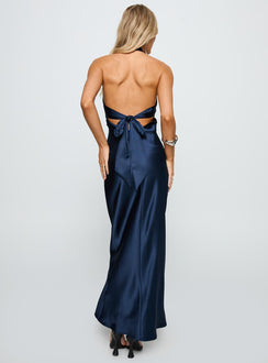 back view of model wearing Princess Polly Rosaminta Halter Maxi Dress Cobalt Blue Asymmetric Neckline 
