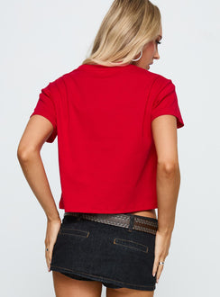 back view of model wearing Princess Polly Dodge Classic Graphic Top Red Short Sleeves Crew Neck 