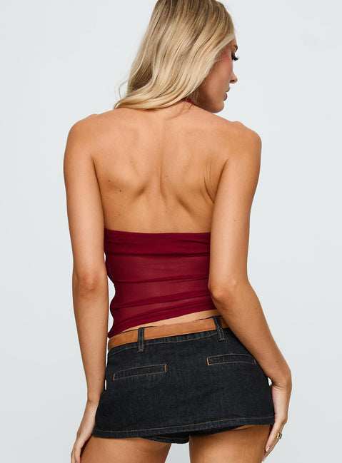 back view of model wearing Princess Polly Edge Of Seventeen Mesh Top Wine Sleeveless Plunger 