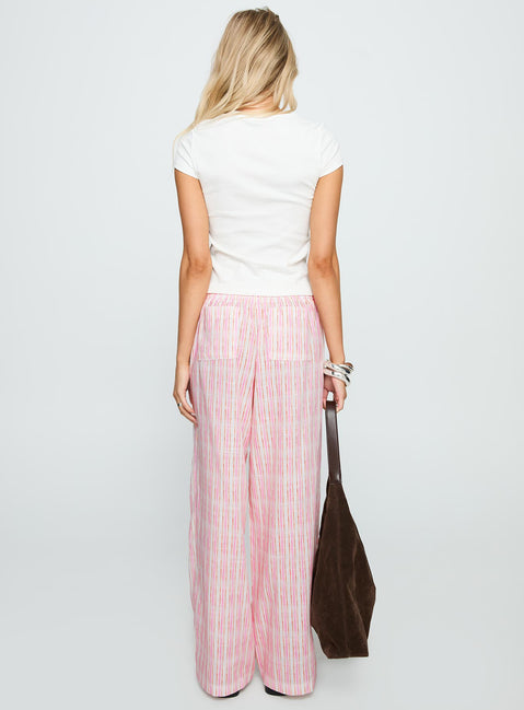 back view of model wearing Princess Polly Beach House Pants Pink Stripe High Waisted Pants 