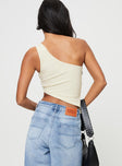 One shoulder crop top Textured material, one shoulder design, silver-toned ring, asymmetric hem Good stretch, fully lined 