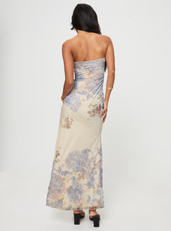 product Princess Polly Asymmetric Neckline  Kyanne High Split Maxi Dress Cream Multi