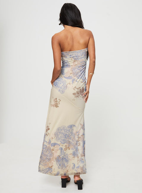 product Princess Polly Asymmetric Neckline  Kyanne High Split Maxi Dress Cream Multi