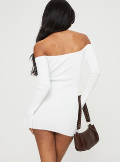 back view of model wearing Princess Polly Parisa Long Sleeve Mini Dress White Straight Neck 