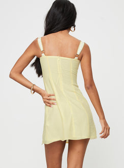 Front view of model wearing  front Princess Polly Square Neck  Fritelle Ribbon Mini Dress Yellow / Blue