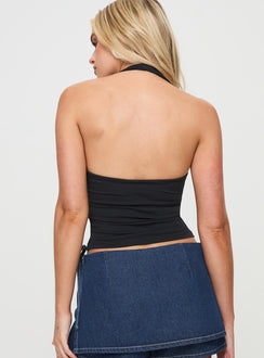 back view of model wearing Princess Polly Evangelene Halter Top Black Sleeveless Scoop Neck 