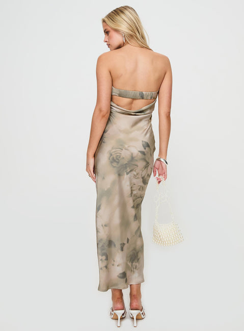 back view of model wearing Princess Polly Voices Strapless Maxi Dress Cream Floral Straight Neck 