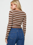 back view of model wearing Princess Polly Devis Long Sleeve Top Brown / White Full Sleeves V-Neck 