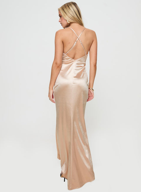 back view of model wearing Princess Polly Dubois Maxi Dress Champagne Cowl Neck 