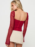 back view of model wearing Princess Polly Mendi Long Sleeve Top Red Full Sleeves Square Neck 