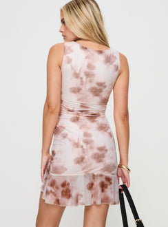 back view of model wearing Princess Polly Molita Ruffle Hem Mini Dress Cream Crew Neck 