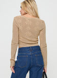 back view of model wearing Princess Polly Flolie Long Sleeve Top Beige Full Sleeves Crew Neck 