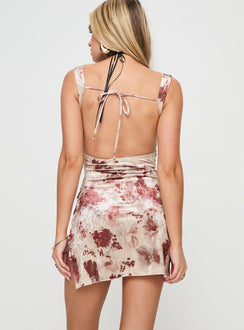 back view of model wearing Princess Polly Palmerston Backless Mini Dress Multi Cowl Neck 