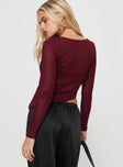 back view of model wearing Princess Polly Pratt Long Sleeve Top Burgundy Full Sleeves High Neck 